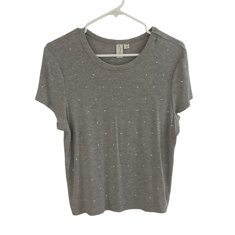 Joie Gray Rhinestone T-Shirt Women Large Embellished Ribbed Knit Tee Casual